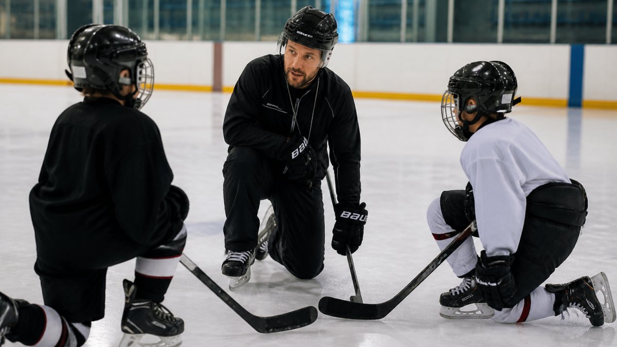 A hockey coach on the ice kneeling to speak with two young players during a drill, both players holding sticks and listening, arena lights reflecting off the ice surface