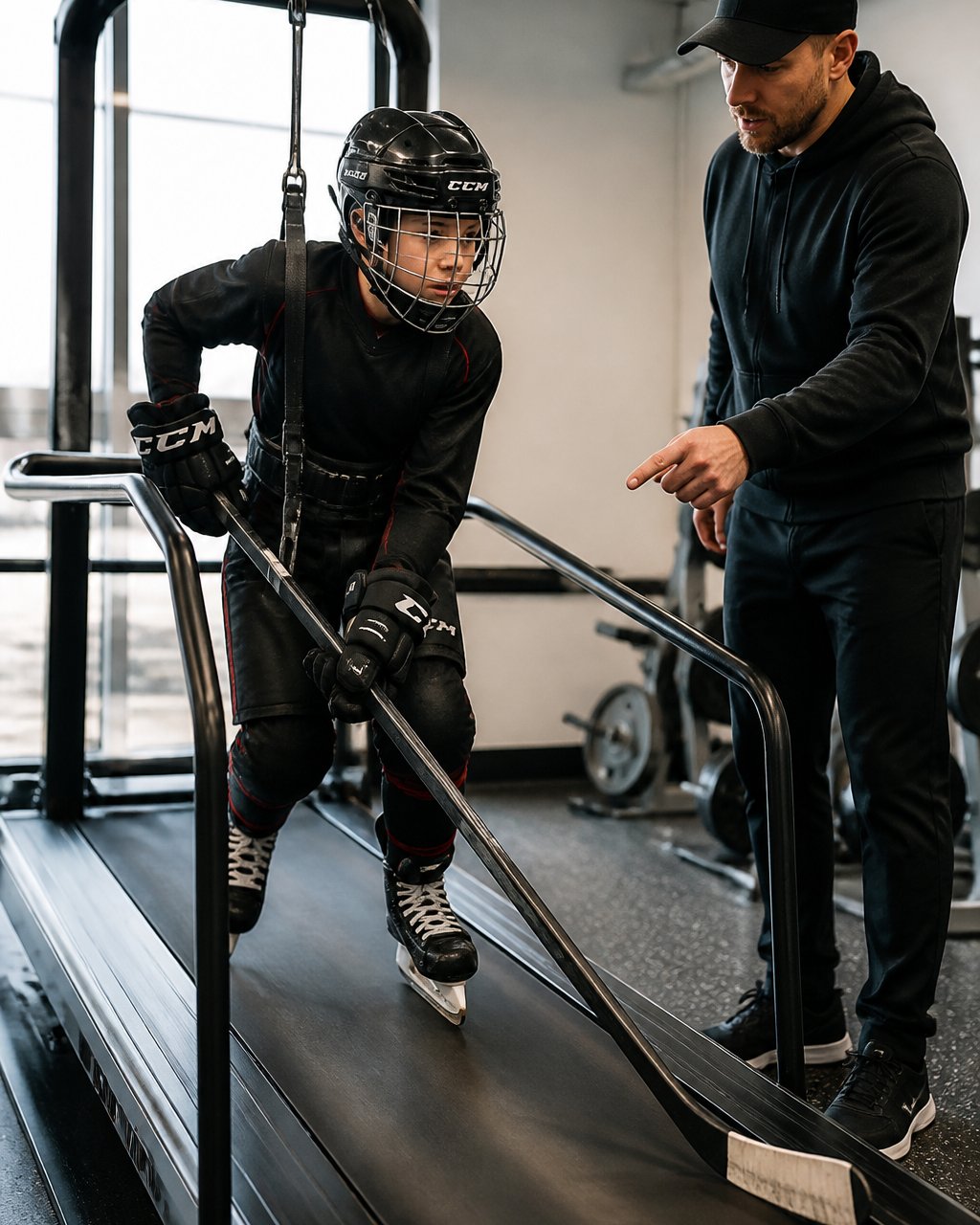 Young hockey player practicing skating stride on a treadmill during youth hockey training with a coach