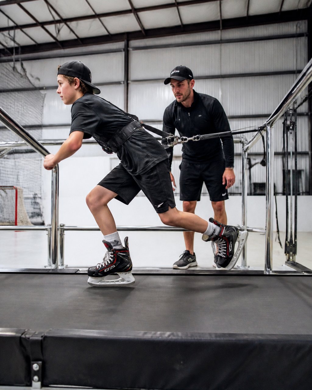 Competitive youth hockey player performing stride work on a skating treadmill, demonstrating proper hip extension and body positioning during acceleration in a modern training facility