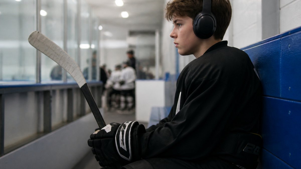 Young hockey player in full gear sitting on bench before game, eyes focused and determined, headphones on, mentally preparing with calm intensity in arena lighting