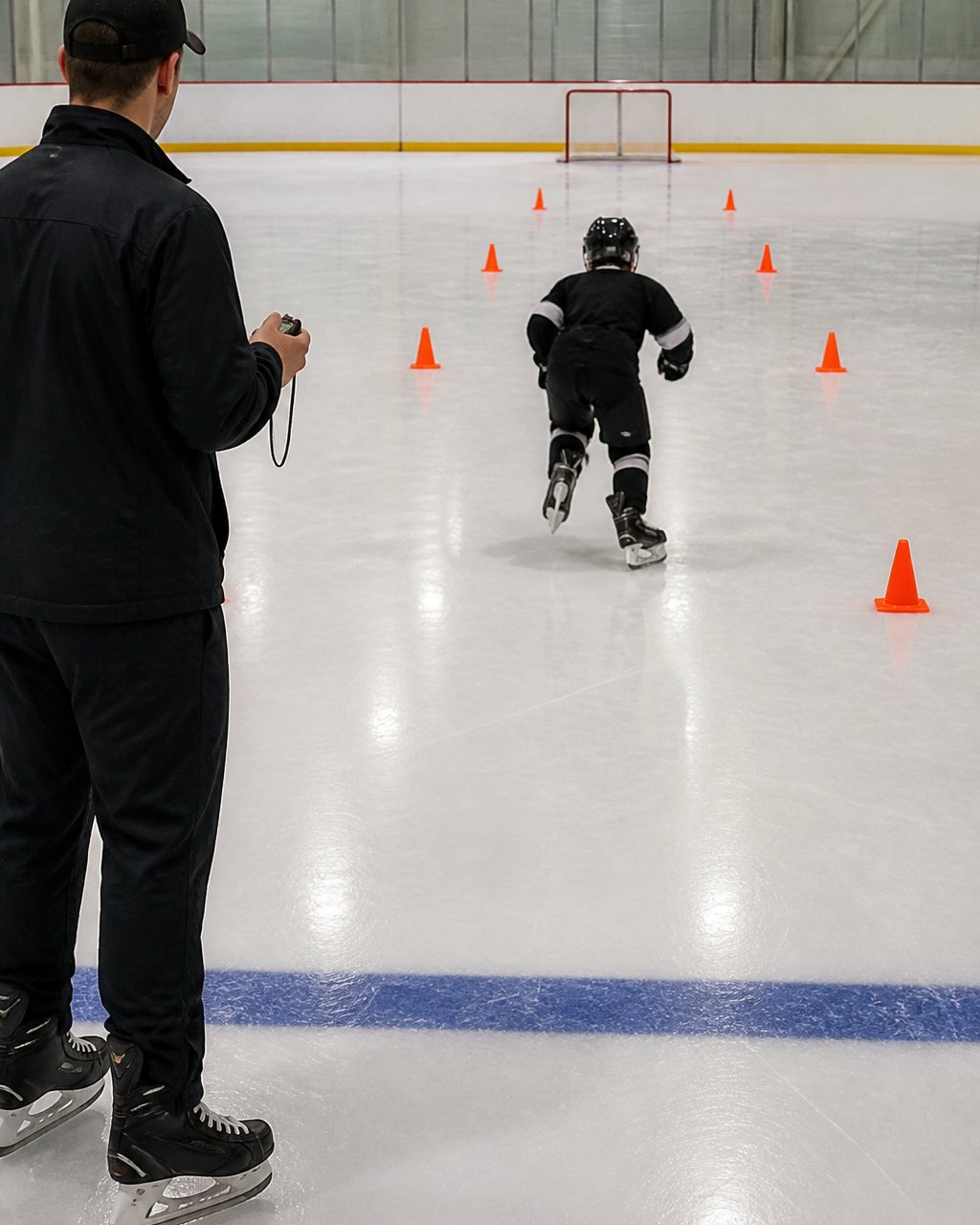 A youth hockey player in full gear performing a timed sprint drill on an indoor ice rink while a coach holds a stopwatch at the blue line, with cones marking the course